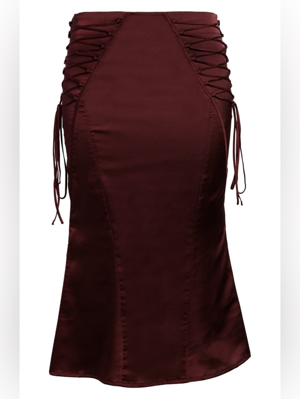 House of CB Sidonie Wine Satin Lace Up Midi Skirt size S - Picture 2 of 12